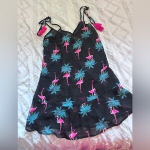 OP Black Swim Coverup with Pink Flamingos and Blue Palms